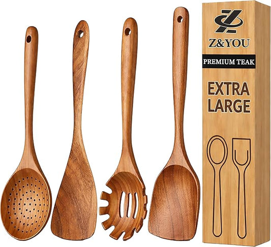 Extra-Large 4-Piece Teak Wooden Utensil Set – Non-Stick Wooden Spatula for Cooking, Skimmer Spoon & Spaghetti Spoon – Non Toxic Cooking Utensils by Unknown
