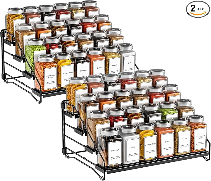 BOIVSHI 4 Tier Spice Rack Organzier, Spice Rack for Cabinet, Adjustable Depth Seasoning Shelf for Countertop, Pantry, Seasoning Organizer, Metal, Black (2 Pack) by BOIVSHI