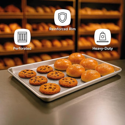 Restaurantware 1 Perforated Bakery Sheet Pan, 18 x 13 Inch Industrial Baking Tray, Rimmed Edges, Endures Up To 392F, Aluminum Half-Baking Sheet, Dishwashable, Ideal For Baking Or Roasting