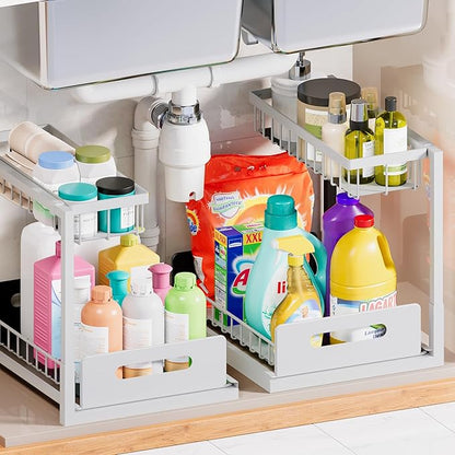 VUSIGN 2 Pack Under Sink Organizer and Storage, 2 Tier Under Cabinet Organizer for Bathroom Kitchen with Pull Out Storage Shelf Drawer, White