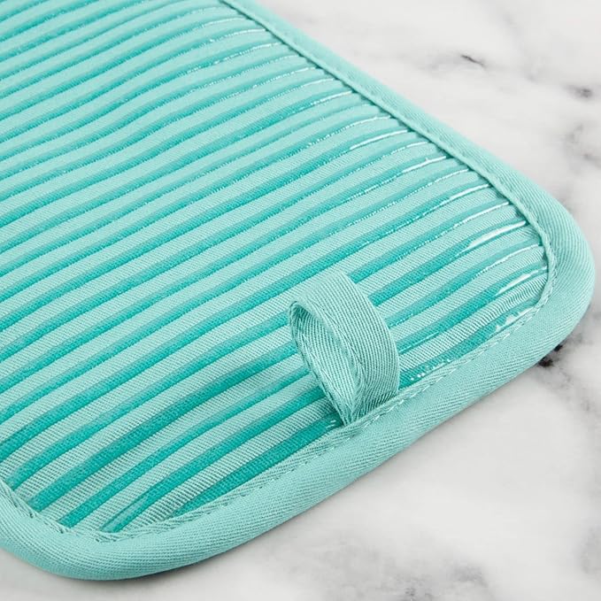 KITCHENAID Quilted Cotton Terry Cloth Oven Mitt, Pot Holder, Kitchen Towel 4-Pack Set, Heat Resistant, Silicone Grip, 16"x26", 7"x13" & 7"x10", Aqua Sky - Image 6