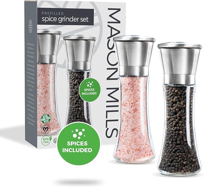 Prefilled Stainless Steel Salt and Pepper Grinder Two Piece Set - Includes Himalayan Salt and Quality Black Pepper - Glass and Stainless Steel Mill - Large Capacity Shakers - Top Loading By Mason Mil - Image 7