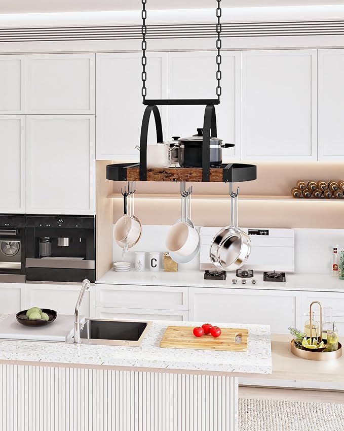 CHOEZON Hanging Pot Rack, Pot Hanger for Kitchen, Ceiling Mounted Pot Holder, Cookware Organizer with 9 S-Shaped Hooks, for Pot, Pan Storage, Space-Saving, Rustic Brown and Black TPR07BF - Image 2