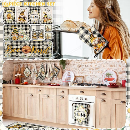 Fourluoo 10 Pcs Bee Kitchen Decor Set 4 Kitchen Towels 2 Pot Holders 2 Oven Mitts 2 Rugs Daisy Decorations for Cooking Baking Mom Housewarming Gifts - Image 4