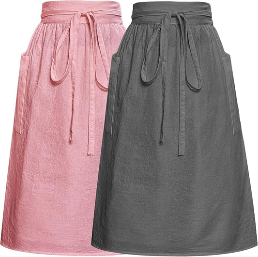 Cotton Linen Half Apron for Women Vintage Waist Apron Ruffle Plain Bright Color for Cooking Painting Artwork