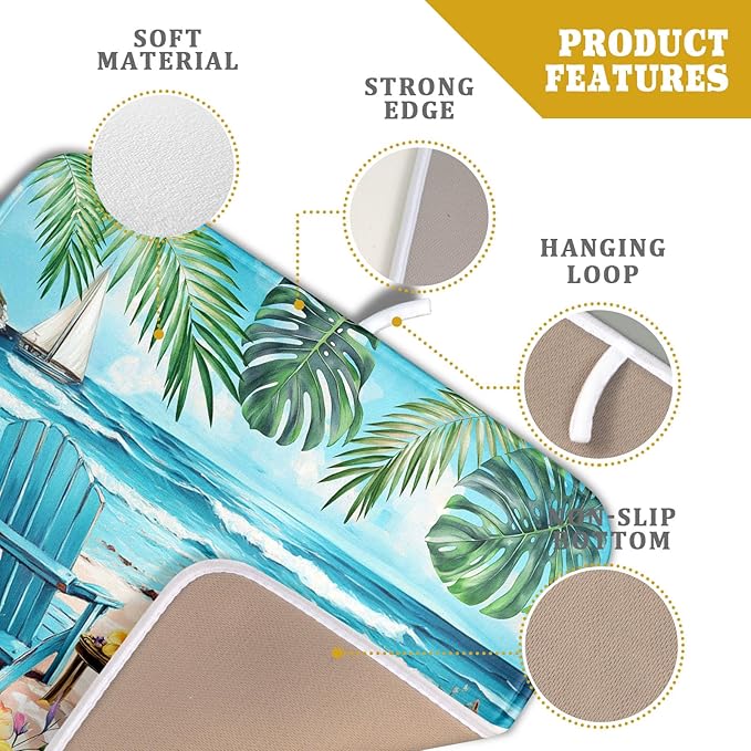 Spring Summer Sea Chair Dish Drying Mat for Kitchen Counter,Coastal Beach Palm Leaf Flowers Drying Mat 16 x 18 Inch with Absorbent Reversible Microfiber Drying Pad for Coffee Bar - Image 4