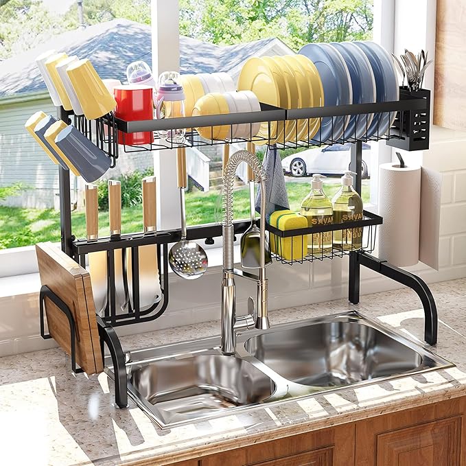 SAYZH Over The Sink Dish Drying Rack, Adjustable (25.5 to 33.5 inch) 2 Tier Metal Steel Dish Drying Racks for Kitchen Counter with Hooks Paper Towel Utensil Cup Holder Sink Caddy (Black) - Image 2