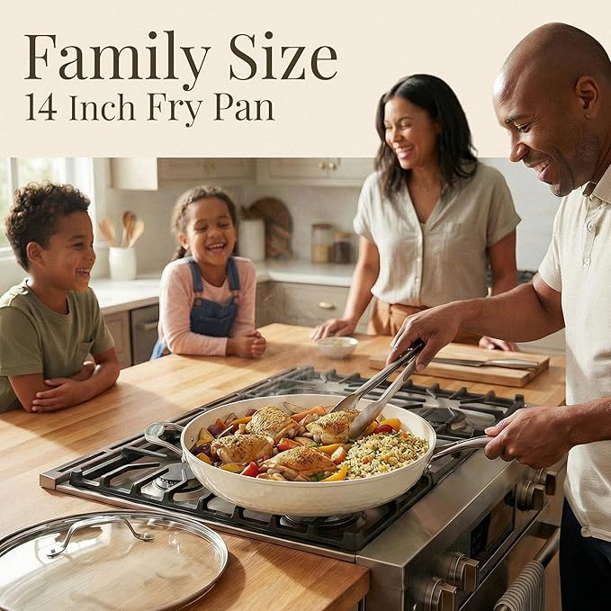GOTHAM STEEL HAMMERED 14 Inch Non Stick Frying Pans with Lid, Extra Large Frying Pans Nonstick Cooks Family Sized Meals, Non Toxic PFOA Free, Induction Ready, Oven and Dishwasher Safe
