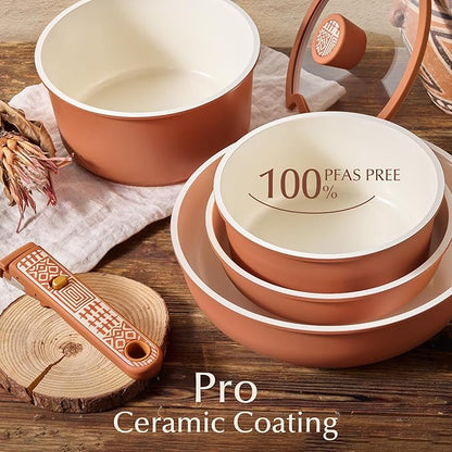 CAROTE 21-Piece Ceramic Cookware Set, Nonstick Pots and Pans Set with Detachable Handle, Non-Toxic Kitchen Cooking Set, Induction Compatible, Dishwasher & Oven Safe, Terracotta - Image 5
