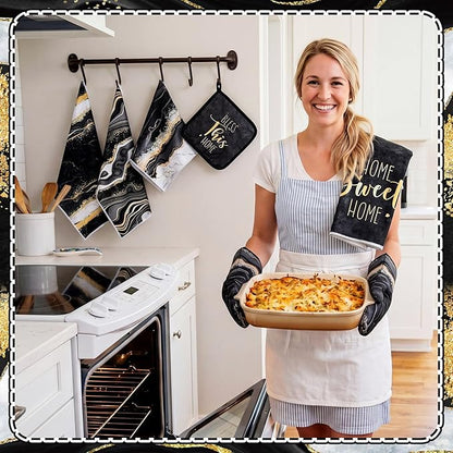 Bencailor 12 Pcs Marble Kitchen Decor and Accessories Sets 4 Black and Gold Marble Kitchen Towels 4 Farmhouse Absorbent Dishcloths 2 Pot Holders 2 Oven Mitts Gloves for Home Decor Mom Gifts