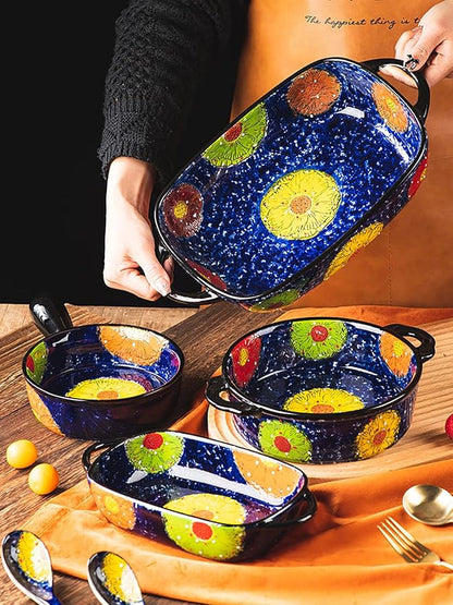 Vintage Style Pottery Bakeware Colorful Daisy Pattern Ceramic Casserole Dish Baking Pan Lasagna Pans Baking Dish with Handles from Oven to Table Plate-1 PCS, 60 OZ - Image 4