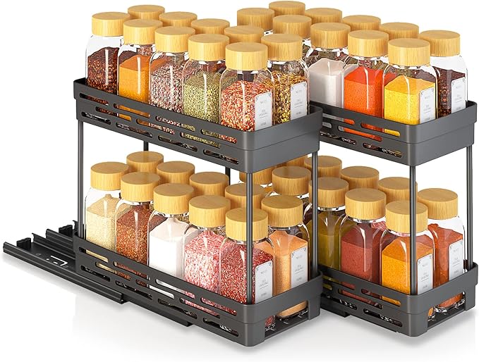 Pull Out Spice Rack Organizer for Cabinet, 3 Packs Slide Out Spice Racks Organizer, Spice Cabinet Organizers, Cabinet Size Need:12'' Highx11'' Deepx5'' Wide,Each Tier Hold 10 Spice Jar - 2 Tier, Black - Image 9