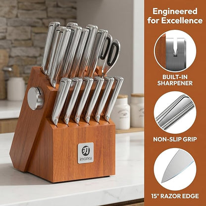 imarku High Carbon Stainless Steel Gyutou Knife Set with Block, Precision-Forged Razor Sharp 10–15° Edge, Ergonomic Non-Slip Handle, Built-in Sharpener, Brown, Best Gift Choice, Cooking Enthusiasts - Image 3