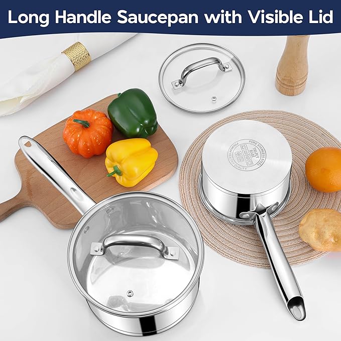 LIANYU Stainless Steel Saucepan Set of 2, 1QT & 3QT Sauce Pan with Lid, Tri-Ply Bottom Milk Pot, All Stove Compatible, Oven & Dishwasher Safe