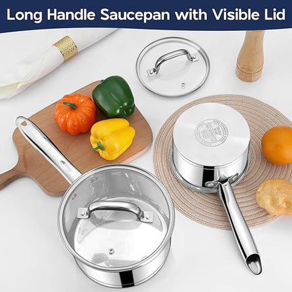 LIANYU Stainless Steel Saucepan Set of 2, 1QT & 3QT Sauce Pan with Lid, Tri-Ply Bottom Milk Pot, All Stove Compatible, Oven & Dishwasher Safe