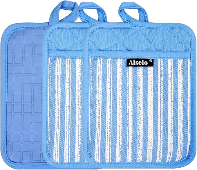 Alselo Silicone Pot Holders Set of 3 Heat Resistant & Non Slip Potholders, Professional Oven Hot Pads with Pockets Mitts for Kitchen Cooking Baking Barbecue (3, Blue) - Image 8