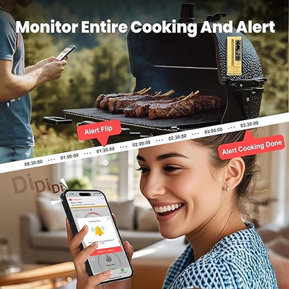 BBQOVN WiFi Sub-1G Wireless Meat Thermometer Unlimited Range 7 NIST Certified Sensors with Ambient Temp 2 Temp Monitoring Ways Digital Smart Base and App for BBQ, Smoker, Grill, Oven (Single Probe)