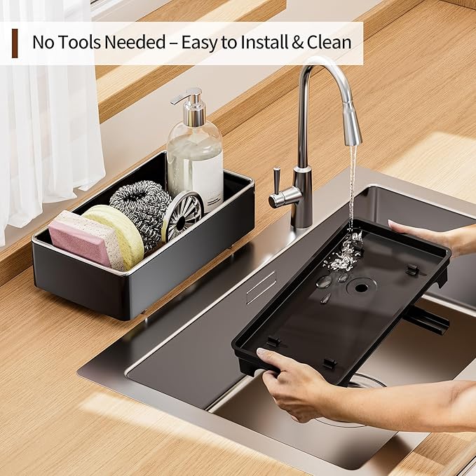 MOUKABAL Sponge Holder for Kitchen Sink – Rustproof Stainless Steel, 360° Rotating Drain Pipe, Large Counter Organizer with Drip Tray for Sponges, Brushes & Dish Cloths Black - Image 5