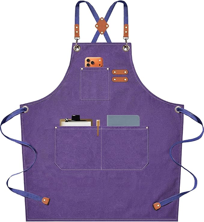 AFUN Chef Aprons for Men Women with Oversized Pockets, 16-Ounce Cotton Canvas Cross Back Heavy Duty Work Apron (Purple) by BringYouaFun