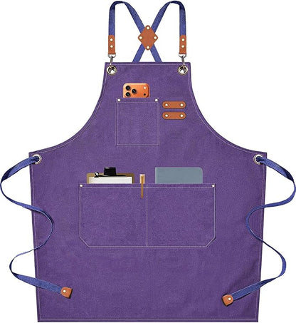 AFUN Chef Aprons for Men Women with Oversized Pockets, 16-Ounce Cotton Canvas Cross Back Heavy Duty Work Apron (Purple) by BringYouaFun