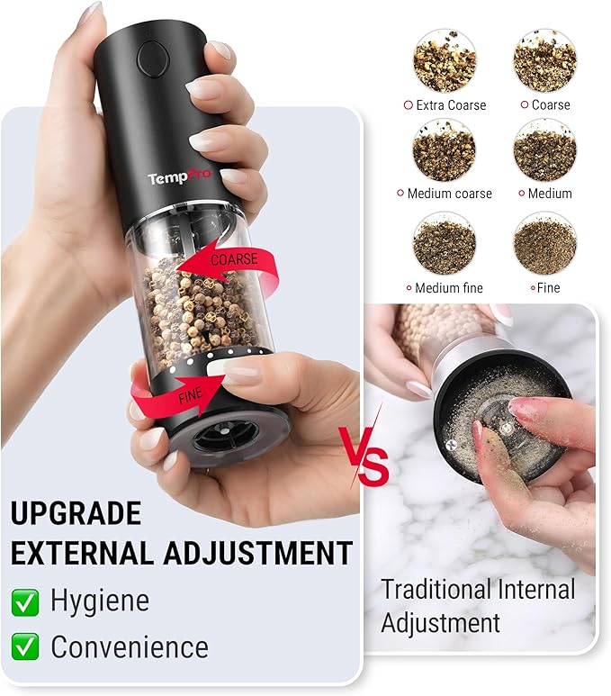 TempPro Electric Salt and Pepper Grinder Set Rechargeable, 110ml Automatic Pepper Grinder Shakers with External Adjustment, Refillable Pepper Mill Set for House Warming Gifts(Previously ThermoPro) - Image 4