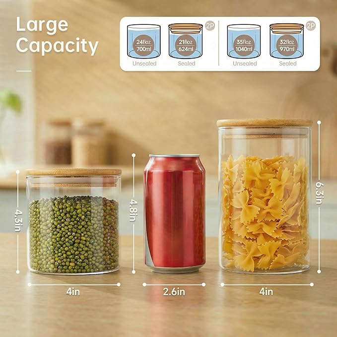 32oz & 21oz - 4 Pack Glass Jars with Bamboo Lids, Glass Pantry Storage Containers with Airtight Lids, Round Air Tigh Food Storage Canisters for Cereal, Pasta, Flour, Sugar, Best for Kitchen Organizer - Image 3