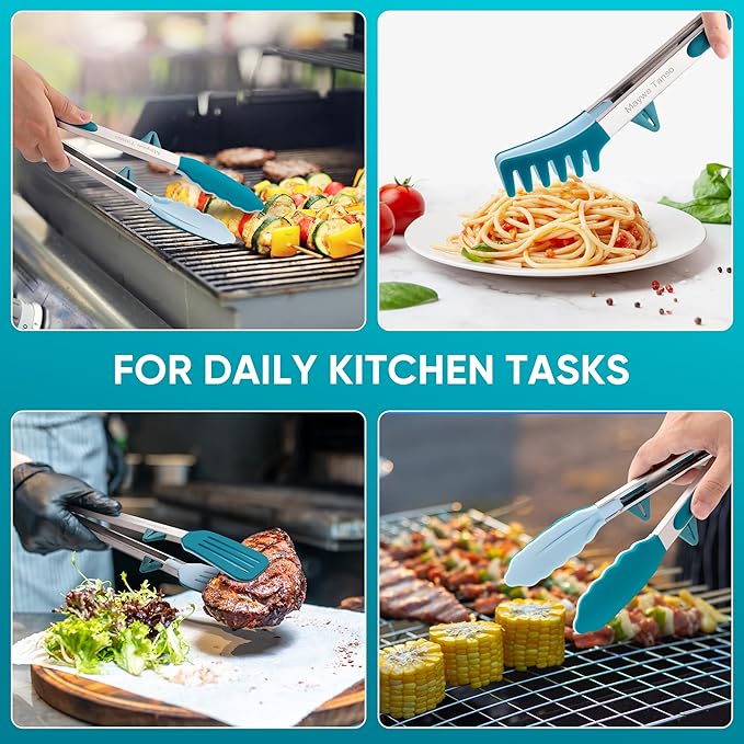 5-Pack Silicone Tongs for Cooking,Maywe Tanso 4PCS 13-Inch Kitchen Tongs with Silicone Tips,Nonstick Stainless Steel Tong for Steak Pie Pizza Pasta Spaghetti Salad BBQ Buffet,Plus Brush - Image 5