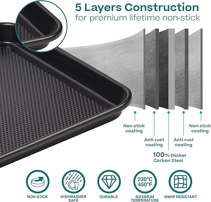 Baker's Secret Baking Sheet Pan Set, 3x Cookie Sheets for Oven, Diamond Texture Premium Air Flow Circulation, Set of 3 Baking Trays, Extra Thick 0.6mm with Diamond Base PFOA, PFOS, PTFE and PFAS free - Image 3