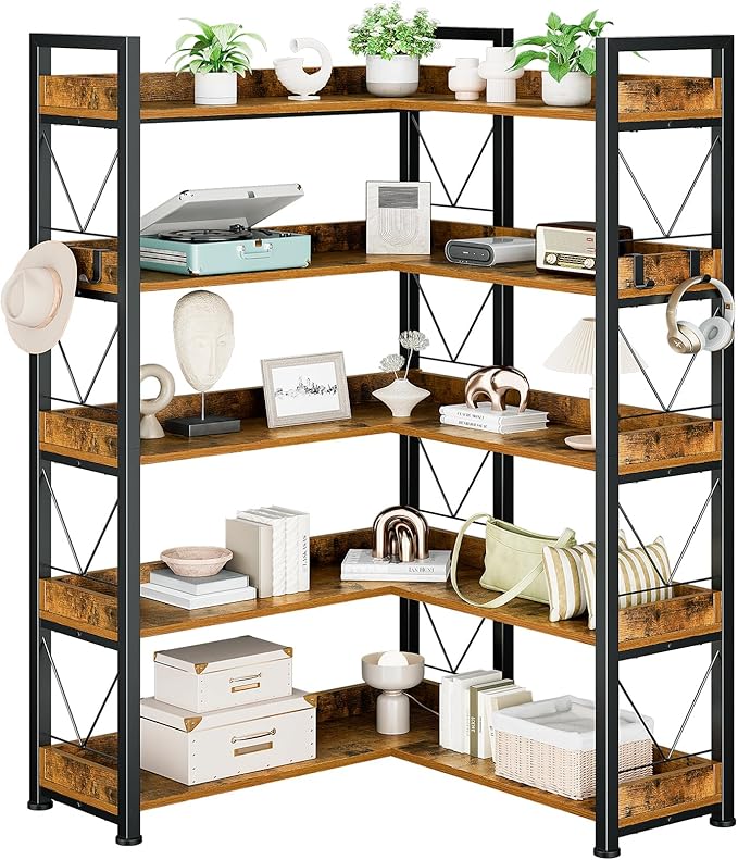 DUMOS 65 inch L Shaped Bookshelf, 5 Tier Corner Bookcase with Hooks and Edge, Industrial Pantry Shelves with Metal Frame, Wooden Open Storage for Living Room, Home Office, Bedroom, Rustic Brown by DumosLifestyle