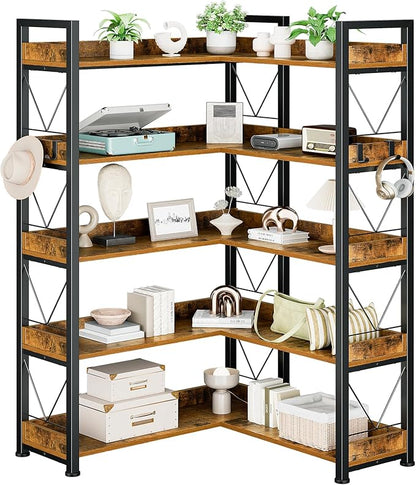 DUMOS 65 inch L Shaped Bookshelf, 5 Tier Corner Bookcase with Hooks and Edge, Industrial Pantry Shelves with Metal Frame, Wooden Open Storage for Living Room, Home Office, Bedroom, Rustic Brown by DumosLifestyle