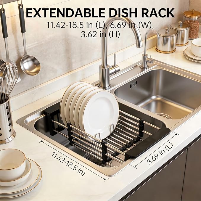 Stainless Steel Expandable Over Sink Dish Drying Rack | 11.4–18.5 inch Adjustable Drain Rack | Heavy-Duty 44LBS Capacity | Durable ABS Kitchen Organizer