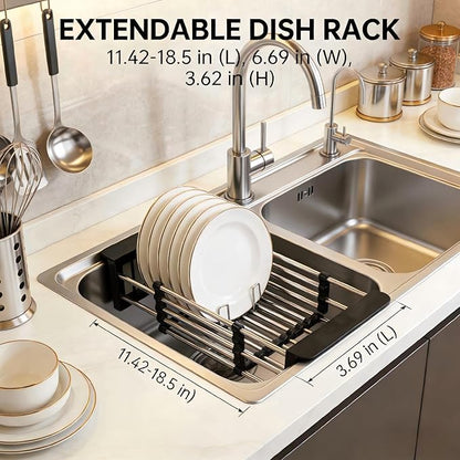 Stainless Steel Expandable Over Sink Dish Drying Rack | 11.4–18.5 inch Adjustable Drain Rack | Heavy-Duty 44LBS Capacity | Durable ABS Kitchen Organizer