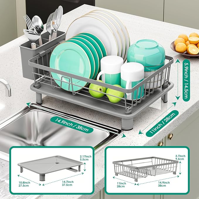 GAOKASE Dish Drying Rack, Stainless Steel-Dish Rack, Dish Racks for Kitchen Counter, Kitchen Dish Drainers with Removable Utensil Holder,New Drain Outlet,Plate Rack and Drainboard,(gray-11 W x 15" L) - Image 3