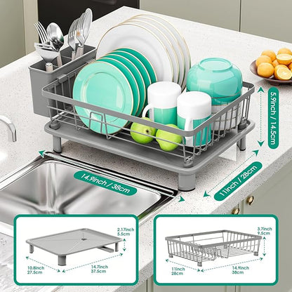 GAOKASE Dish Drying Rack, Stainless Steel-Dish Rack, Dish Racks for Kitchen Counter, Kitchen Dish Drainers with Removable Utensil Holder,New Drain Outlet,Plate Rack and Drainboard,(gray-11 W x 15" L) - Image 3