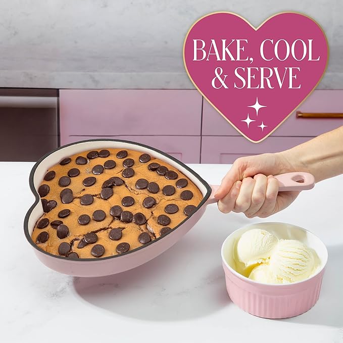 Paris Hilton Enameled Cast Iron Heart Skillet Pan, Superior Heat Retention, Oven Safe, Long-Lasting Enamel, 10-Inch, Pink - Image 5