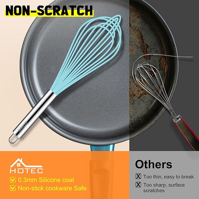 HOTEC 4 Pieces Silicone Whisks Set, Wire Balloon Whisks Egg Beater, Non-slip Handle Whisk for Non-stick Cookware Perfect for Cooking, Stirring, Beating and Blending (Blue) - Image 8