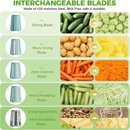 The CoveCarol rotary cheese grater comes with 5 blades and 3 tools: a round mandolin slicer and a food shredder. Suitable for fruits, vegetables, nuts, etc., it includes a blade storage box. (Green)