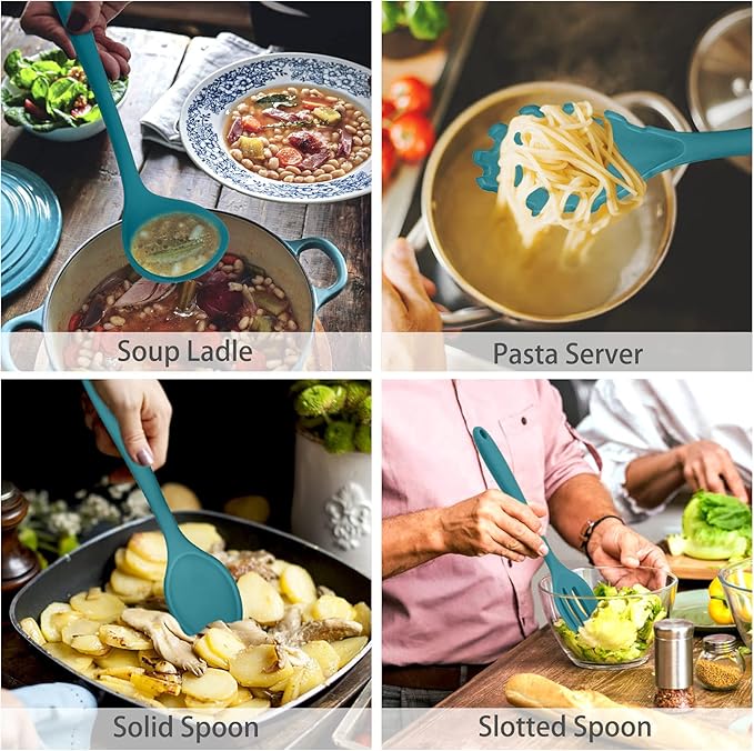 P&P CHEF Silicone Cooking Utensils Set of 7, Heat-proof Kitchen Utensils Set for Nonstick Cookware, Non-stick Spatula, Slotted Turner, Soup Ladle, Pasta Server, Spoon for Cooking Serving - Blue - Image 4