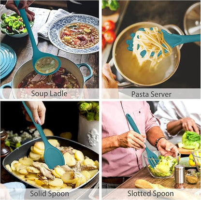 P&P CHEF Silicone Cooking Utensils Set of 7, Heat-proof Kitchen Utensils Set for Nonstick Cookware, Non-stick Spatula, Slotted Turner, Soup Ladle, Pasta Server, Spoon for Cooking Serving - Blue - Image 4