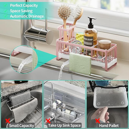 HapiRm Sponge Holder for Kitchen Sink - Self-draining Sink Caddy with Brush and Dishcloth Holders, Stainless Steel Kitchen Organizer for Countertop - Pink - Image 7