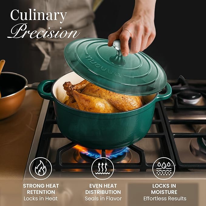 Cast Iron Dutch Oven with Lid – Non-Stick Ovenproof Enamelled Casserole Pot – Sturdy Dutch Oven Cookware – Dark Green, 7.3-Quart, 30cm – by Nuovva - Image 6