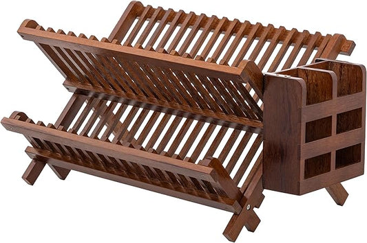 HBlife Dish Rack,Teak Folding 2-Tier Collapsible Drainer Dish Drying Rack with Utensils Flatware Holder Set (Dish Rack with Utensil Holder) by HBlife