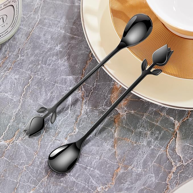 Black Tulip/Rose Handle 12-Pcs Mini Coffee Spoons Set - 6" Stainless Steel for Espresso, Tea, Dessert - Ideal for Demitasse & Small Servings - Image 7