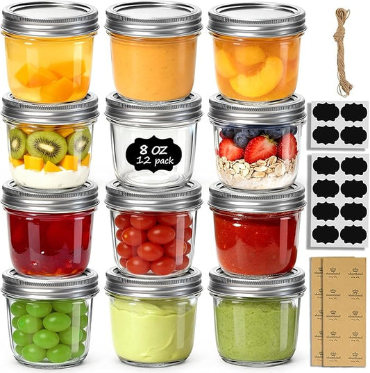ComSaf 8 oz Wide Mouth Mason Jars, 12Pcs Glass Jars for Home Cooks Making Jam and Jelly, and Crafters Creating DIY Candles and Party Favors, Canning Jar with Lids and Rings，Includes Labels & Twine by ComSaf