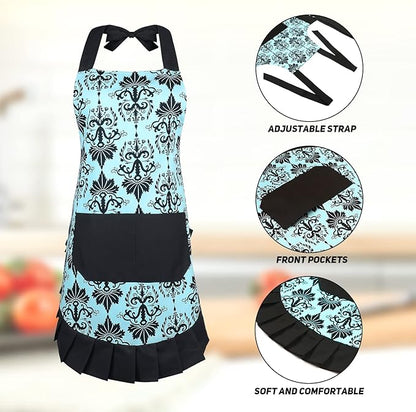 G2PLUS Cotton Vintage Damask Apron for Women, Adjustable Neck & Big Pocket, Blue & Black Cute Ruffle Kitchen & Baking Apron for Christmas Holiday Gift