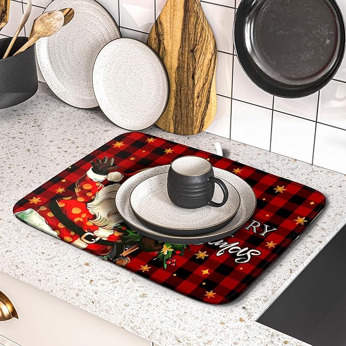Merry Christmas Santa Claus Red Buffalo Plaid Dish Drying Mat for Kitchen Counter,Winter Snowflake Xmas Tree Drying Mat 16 x 18 Inch with Absorbent Reversible Microfiber Dish Drying Pad for Coffee Bar - Image 5