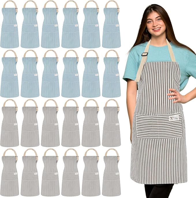 Janmercy 24 Pcs Aprons for Women Men with 2 Pockets Linen Cooking Kitchen Apron Adjustable Bib Chef Apron Bulk Aprons Unisex