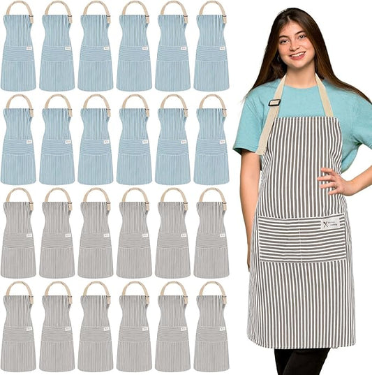 Janmercy 24 Pcs Aprons for Women Men with 2 Pockets Linen Cooking Kitchen Apron Adjustable Bib Chef Apron Bulk Aprons Unisex