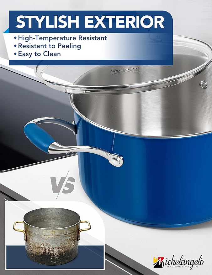 MICHELANGELO Stainless Steel Stock Pots - Induction Soup Pot with Lid, 6 Qt Non-Toxic Cooking Pot, Oven & Dishwasher Safe, Blue Exterior - Image 2
