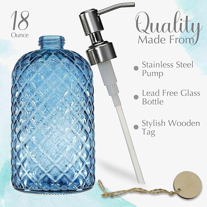 JASAI 18Oz Gem Patterned Glass Soap Dispenser for Kitchen and Bathroom, Refillable with Rust Proof Stainless Steel Pump (Blue) - Image 2